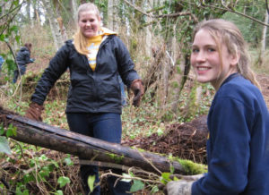 students pulling ivy